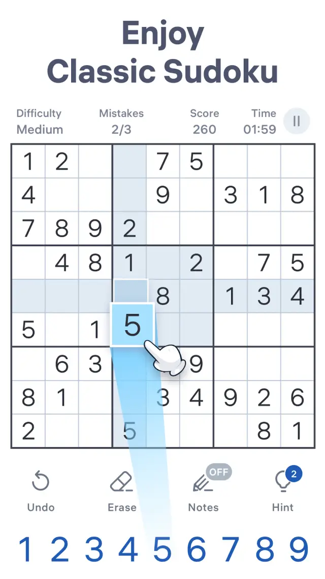 Captura de ecrã do jogo Sudoku.com: grelha clássica com anotações