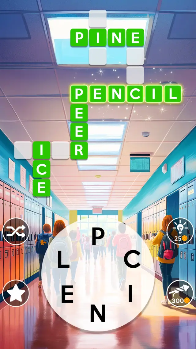 Captura de ecrã do jogo Wordscapes: favo de letras para formar palavras